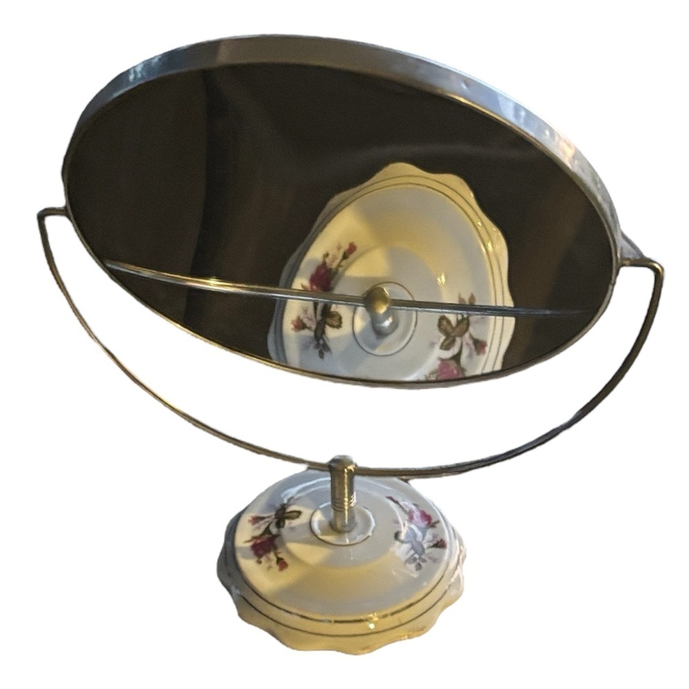 VTG Porcelain Base Double Sided Magnifying Vanity Make Up Mirror Roses Floral